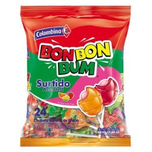 bon bon bum lollipop with gum mixed flavours colombina pack of 24 456gr
