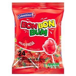 bon bon bum lollipop with gum strawberry flavour fresa colombina pack of 24 456gr